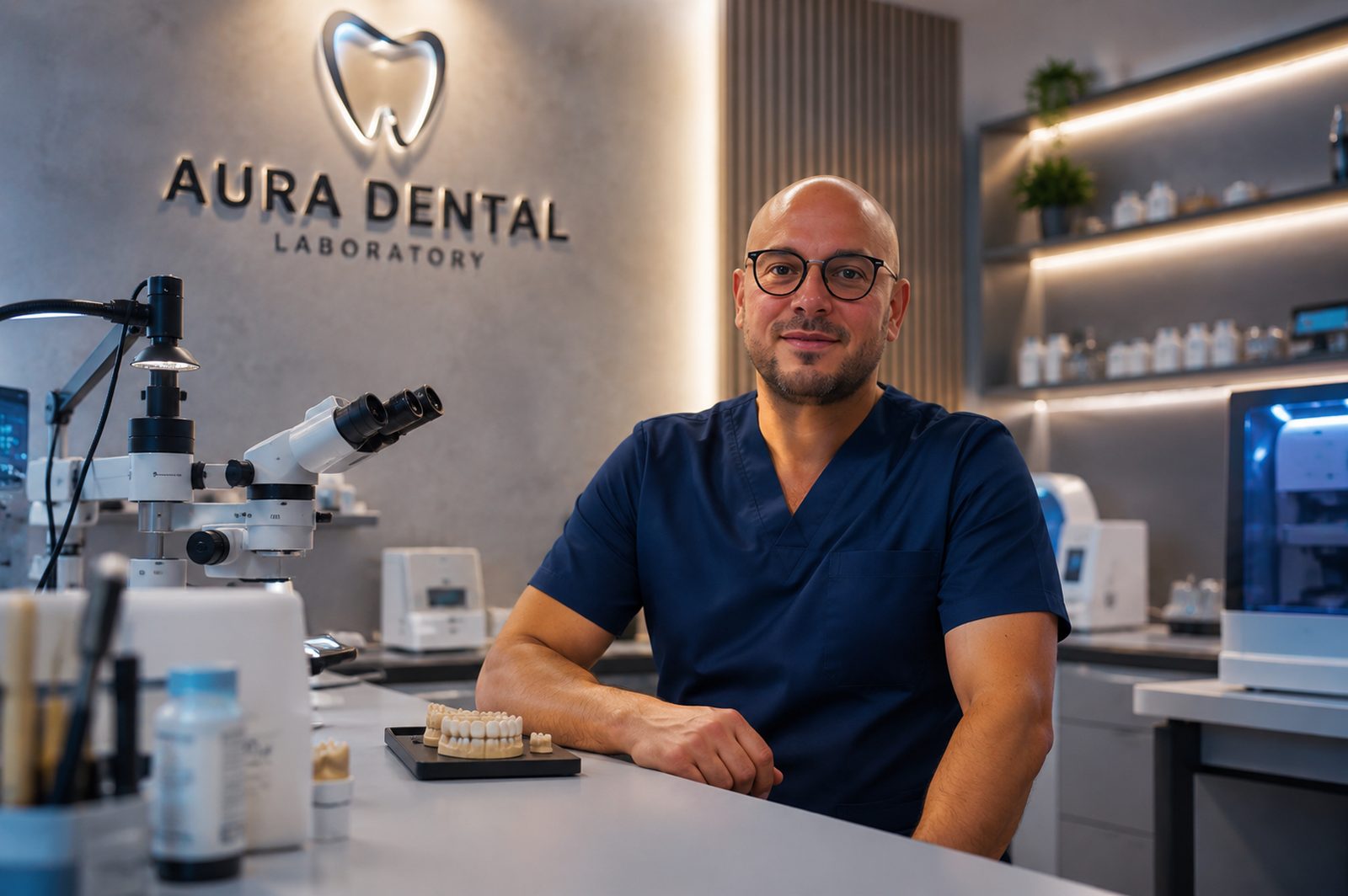 Aura Dental Laboratory master technician at the lab bench with a microscope and a full-arch model
