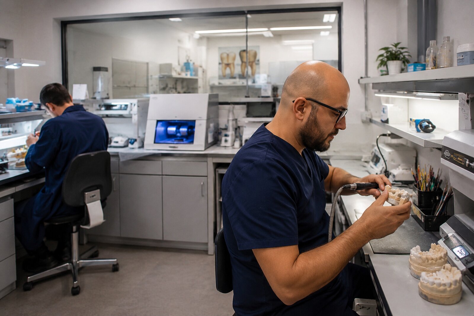 Aura Dental Laboratory technicians working on dental models at the lab bench